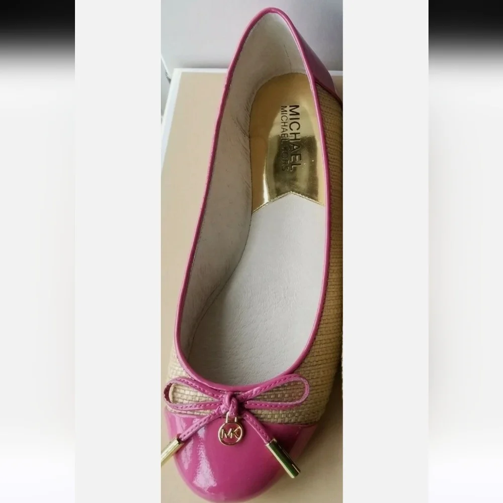 Michael Kors Jordana Pink & Straw Ballet Flats Patent MK Logo Sz 7M